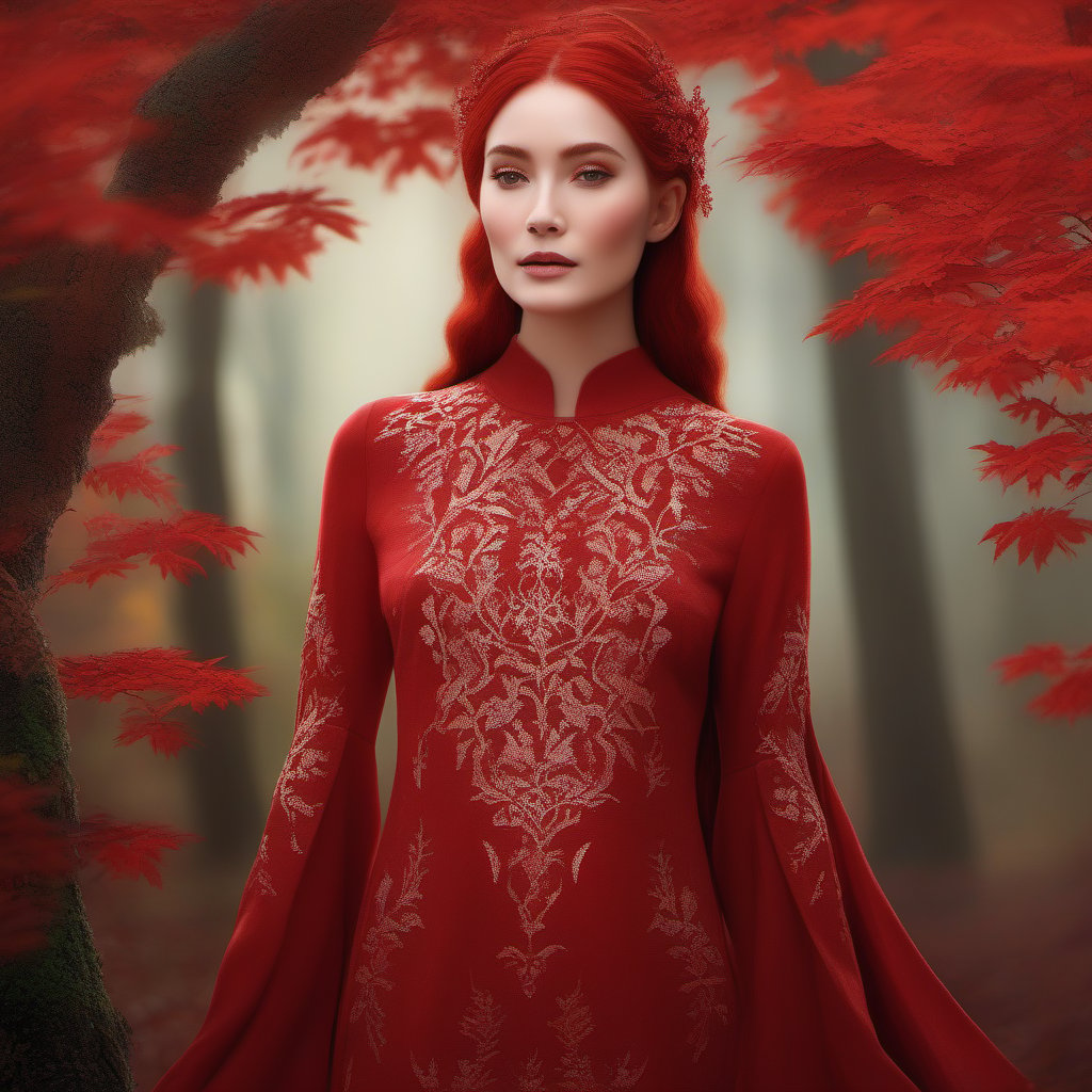 a Mysterious red-haired woman wearing a scarlet tunic facing an enchanted forest, intricate, elegant, highly detailed, highly detailed, ethereal, fantasy, dream, lifelike, cinematic, photorealistic