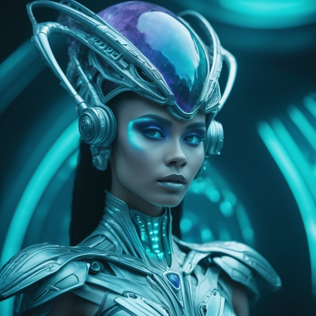 A very beautiful female Alien princess wearing a futuristic garb in a sci-fi background, futuristic look, Glowing Fluorite Pearlescent details, very detailed eyes, detailed skin, Fujifilm Superia, cinematic, film frame, film style, Kodak film, film look, high resolution, photo, photographic, hyper realistic, photorealistic, highly detailed