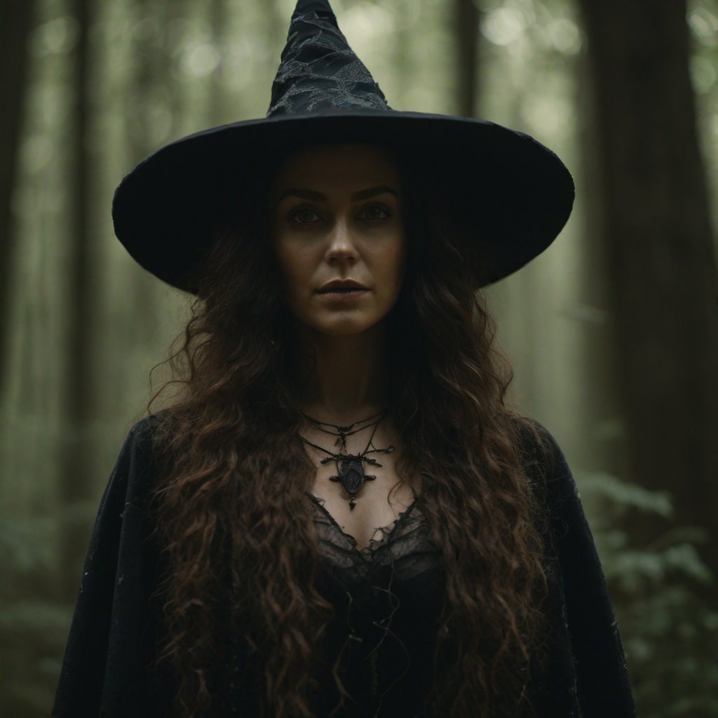 Portrait of a beautiful witch in a mysterious forest, Shot on Sony A1 with Sony 50mm f/1.2 GM lens, natural light, low key, natural colors, film style, Kodak film, film look, high resolution, photo, photographic, hyper realistic, photorealistic, highly detailed,Movie Still