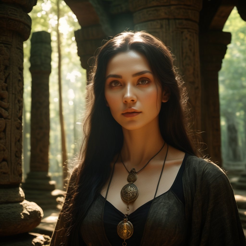 a beautiful witch in an ancient temple in a forest, very beautiful face, dappled sunlight, Direct Sunlight, cinematic, photorealistic, film style, Kodak film, film look, high resolution, photo, photographic, hyper realistic, photorealistic, highly detailed