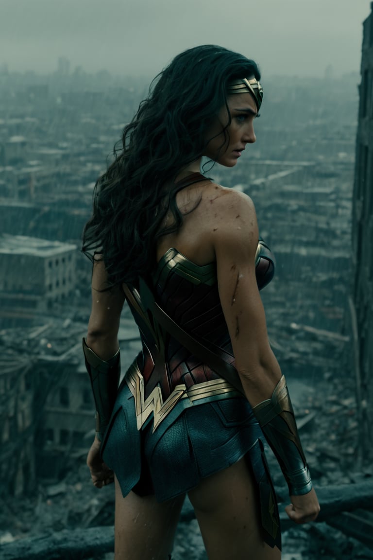 (from_behind:1.3), wonder woman with her back (very soaked), costume torn, dirty and injured, on the edge of a building looking at a devastated city,very rainy day,  Movie Still