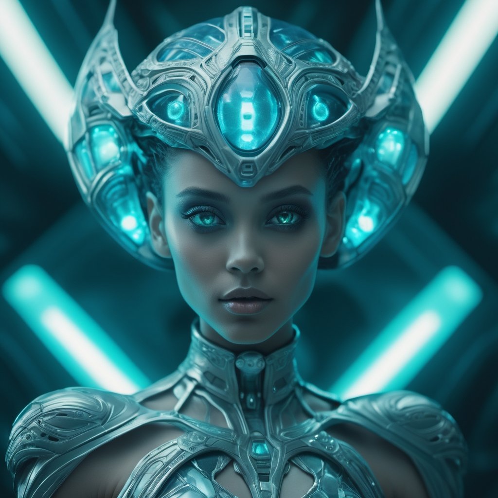 A very beautiful female Alien princess wearing a futuristic garb in a sci-fi background, futuristic look, Glowing Fluorite Pearlescent details, very detailed eyes, detailed skin, Fujifilm Superia, cinematic, film frame, film style, Kodak film, film look, high resolution, photo, photographic, hyper realistic, photorealistic, highly detailed