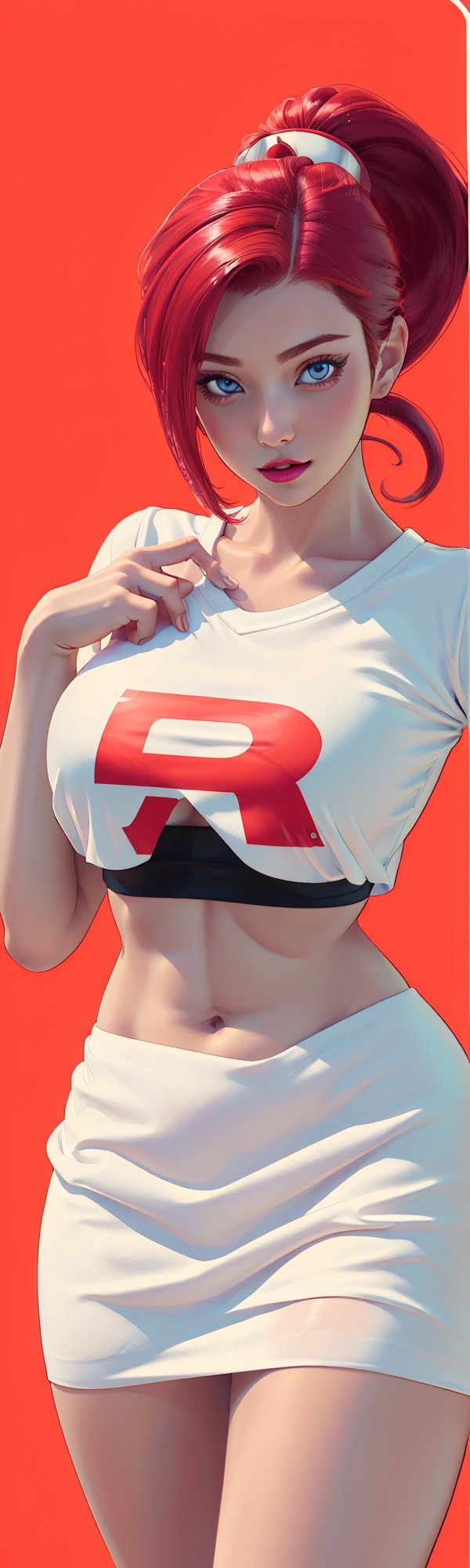 ((masterpiece, best quality)), jessie, pokemon,white top with red letter R, white skirt, pikachu background,sexy,curvy body,detailed face,perfect eyes,detailed hands,hands up,light background,mix of fantasy and realistic elements,vibrant manga,uhd picture , crystal translucency, vibrant artwork,jessie\(pokemon\)