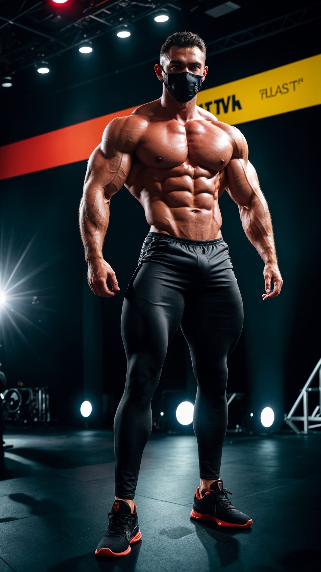 ((masterpiece)), (best quality), bodybuilder posing double biceps from the front, with black mask and glowing eyes, full body, posing on stage, (cinematic), (cinematic, colorful), vast fields (extremely detailed)