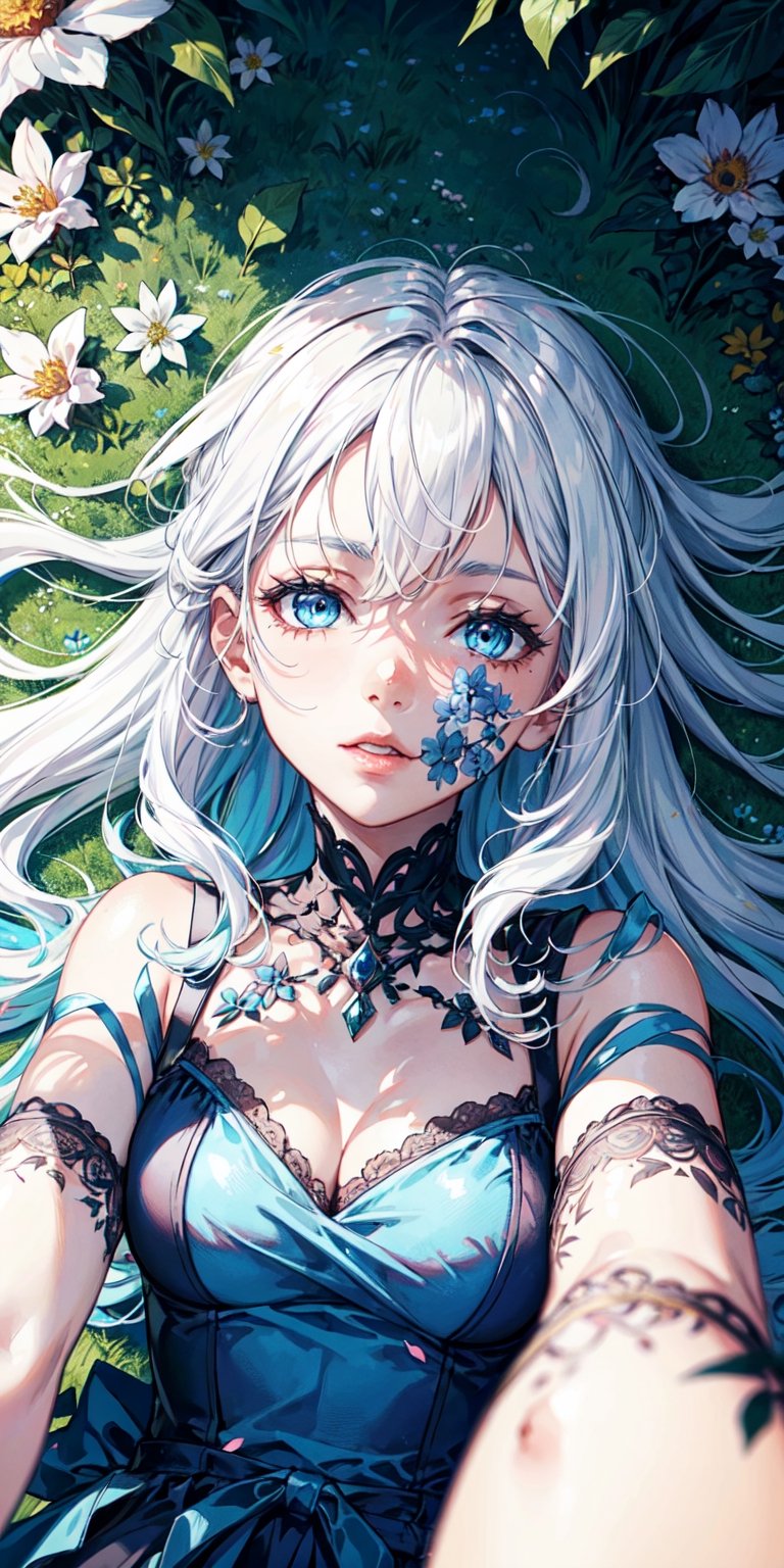 1 girl, white hair, long hair, hair forward, light blue eyes, deep gaze, lying on the ground under a tree, view from above, flowers all over the floor, super detailed image, perfect face, mix of fantasy and realism , hdr, ultra hd, 4k, 8k