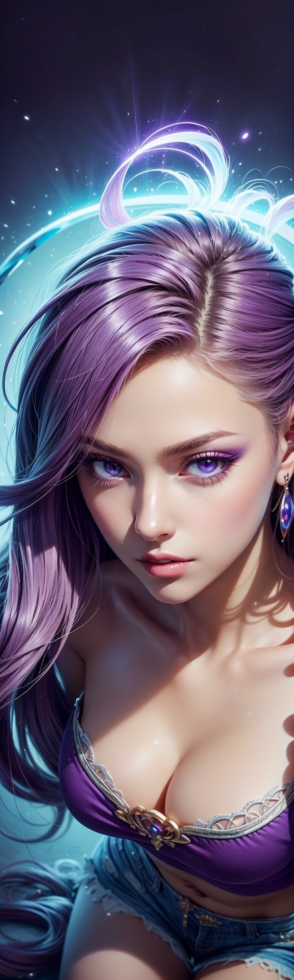 ((masterpiece, best quality)), 1 girl, long purple hair, hair forward, purple shirt, purple shorts, very detailed face, purple eyes, beautiful makeup, lighting in realistic hair, curvy body, view from above, high angle, head closer to the camera and body further away, face effect closer to the camera, uhd image, vibrant artwork, vibrant manga, mix of fantasy and realistic elements, vibrant artwork