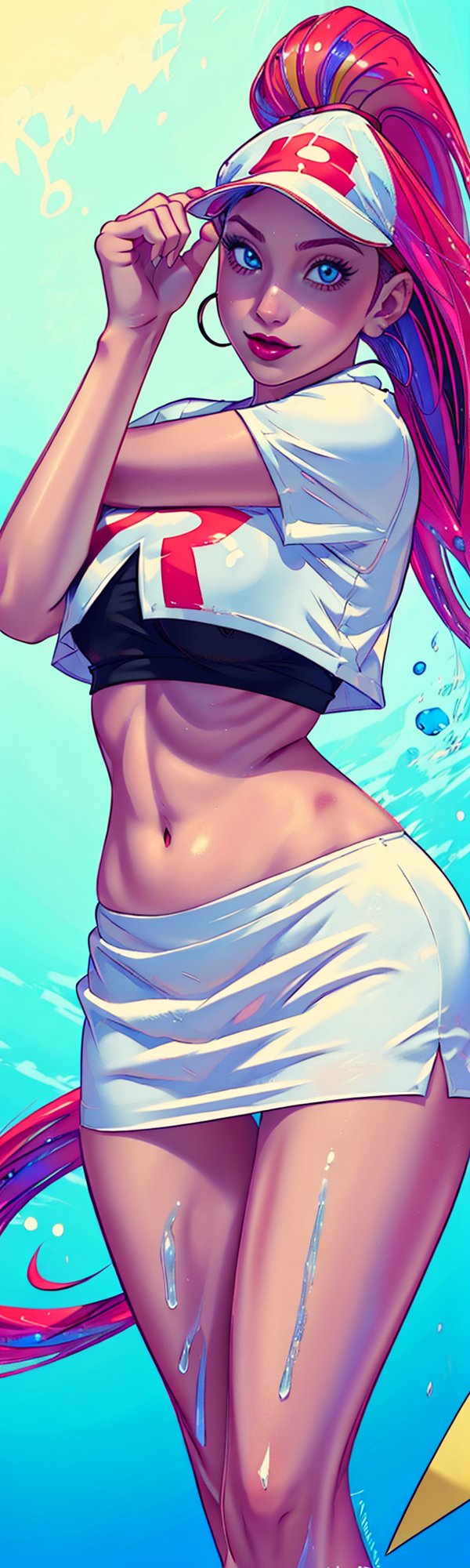 ((masterpiece, best quality)), jessie, pokemon,white top with red letter R, white skirt, pikachu background,sexy,curvy body,detailed face,perfect eyes,detailed hands,hands up,light background,mix of fantasy and realistic elements,vibrant manga,uhd picture , crystal translucency, vibrant artwork,jessie\(pokemon\)