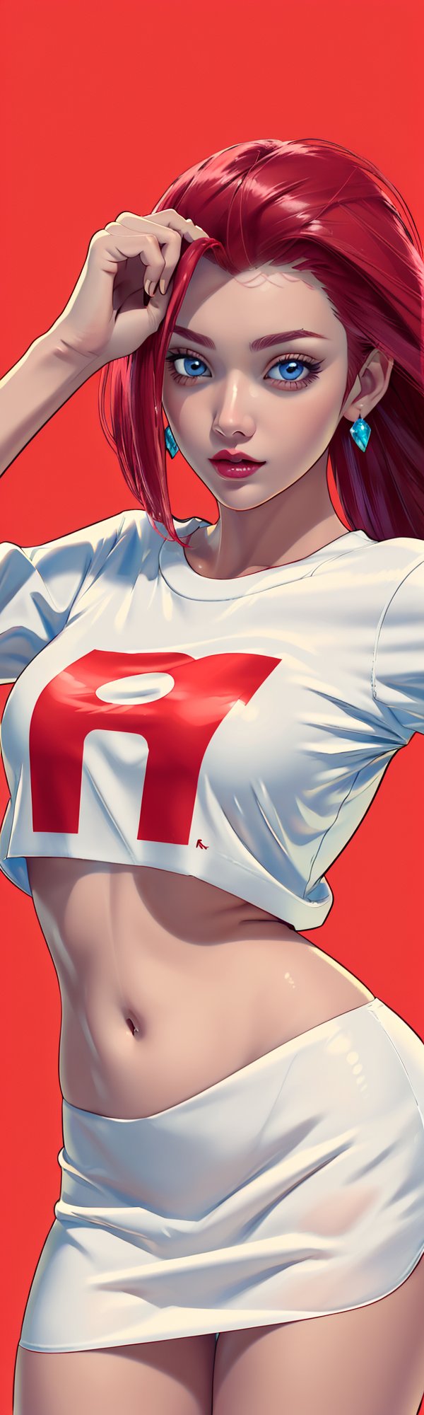 ((masterpiece, best quality)), jessie, pokemon,white top with red letter R, white skirt, pikachu background,sexy,curvy body,detailed face,perfect eyes,detailed hands,hands up,light background,mix of fantasy and realistic elements,vibrant manga,uhd picture , crystal translucency, vibrant artwork,jessie\(pokemon\)