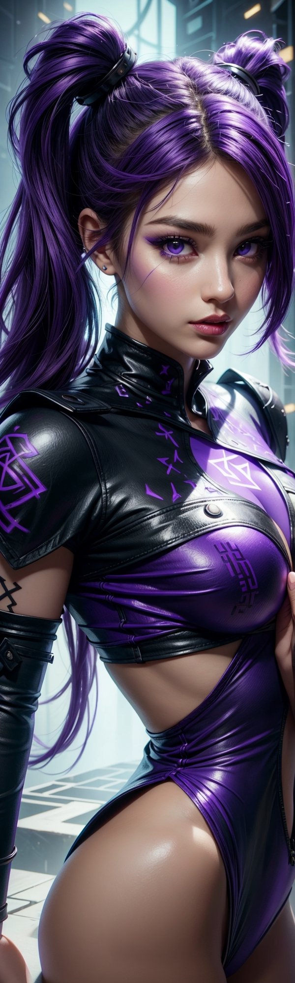 ((masterpiece, best quality)), 1 girl, long purple hair, pigtails, purple top, purple miniskirt, highly detailed face, purple eyes, beautiful makeup, curvy body, top view, high angle, larger head closer to camera and body further away, face effect closer to camera, uhd image, vibrant artwork, vibrant manga, mix of fantasy and realistic elements, vibrant artwork,GlowingRunes_