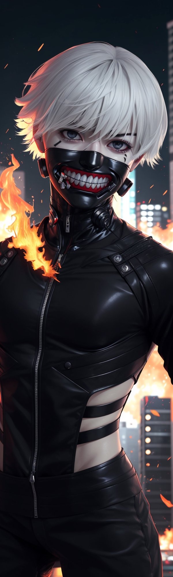 ((masterpiece, best quality)), Kaneki, Tokyo Ghoul, Ghoul, red iris, image split in half, left eye red, right eye black, white eyebrows, anger, black clothes, metal details, background of buildings Tokyo Japan, light flashes, fire explosion, mix of fantastic and realistic elements, uhd image, vibrant artwork, kaneki ken