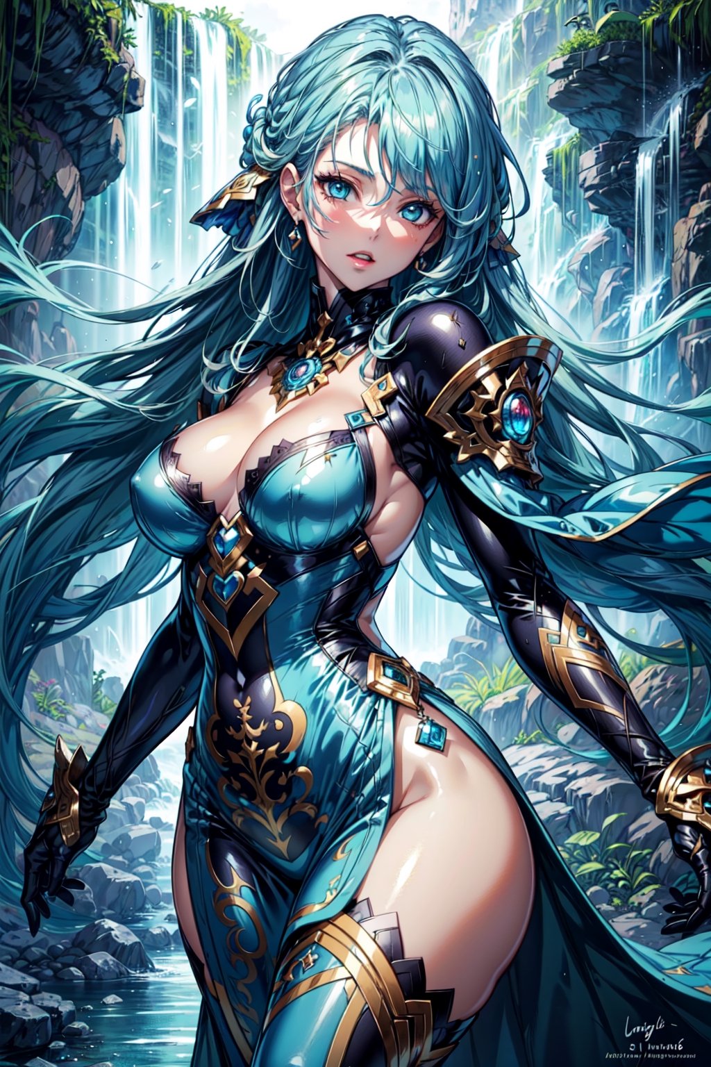 ((masterpiece, best quality)), 1 girl, long light blue hair, short light blue dress, beautiful legs, highly detailed face, light blue eyes, curvy body, uhd image, vibrant artwork, vibrant manga, fantasy mix and realistic elements, the background is a waterfall