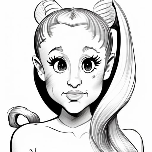 Create a caricature portrait of (Ariana Grande:1.3) in black and white, using pen and sketch techniques.. The composition should be dynamic, with bold lines and shading to emphasize her iconic look. The lighting should be flat, focusing on the contrast between the inked lines and the white paper.