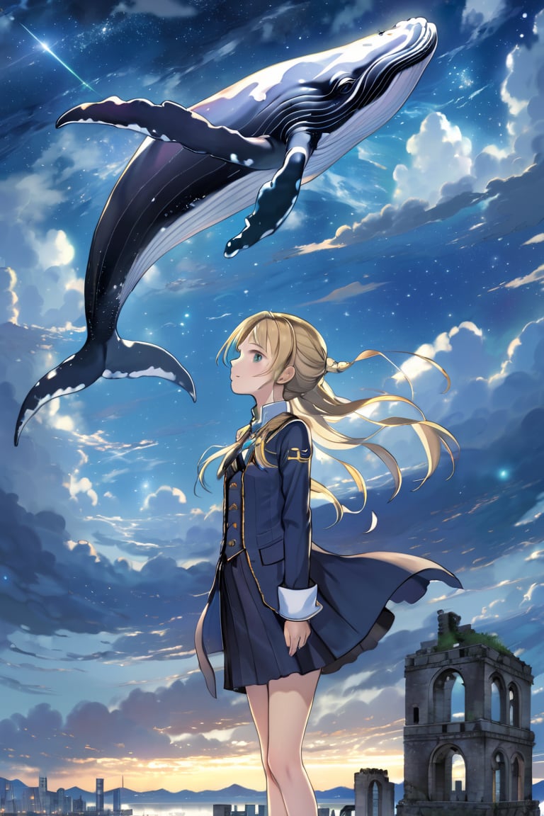 masterpiece, best quality, whale,starry sky, city,1girl,cloudy sky, cloud,ruins,LinkGirl