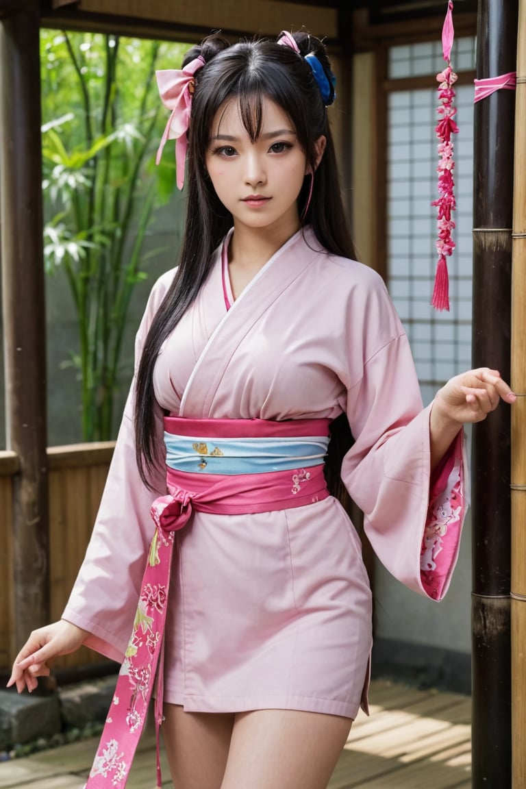 1girl, solo, long hair, looking at viewer, black hair, long sleeves, ribbon, very long hair, standing, full body, hair ribbon, multicolored hair, japanese clothes, pink eyes, kimono, two-tone hair, sash, mouth hold, obi, pink ribbon, sharp fingernails, gag, gagged, haori, pink kimono, bamboo, bit gag, checkered sash, kamado nezuko, beautiful face and sexy, ,photorealistic:1.3, best quality, masterpiece,MikieHara,