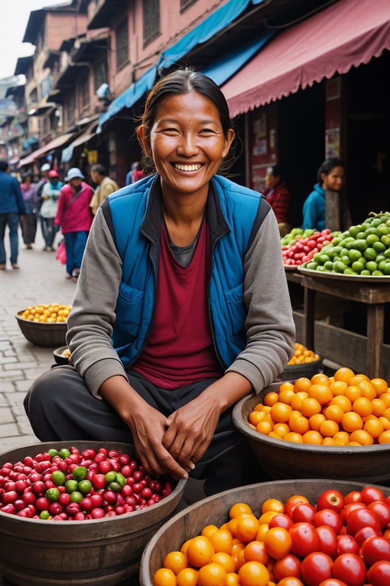 A Kathmandu street vendor with a warm, infectious smile selling vibrant produce, the scene bursting with life and saturated hues, reminiscent of the bold, immersive imagery
,photorealistic:1.3, best quality, masterpiece,MikieHara,photo_b00ster