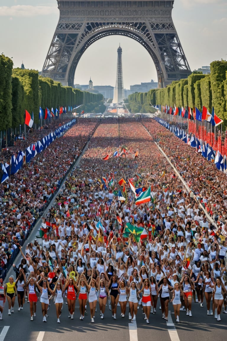 A kaleidoscope of vibrant colors and athletic elegance fills the iconic Champs-Élysées as numerous pretty sportsgirls from around the world attend the Opening Ceremony of the 2024 Paris Olympics. Amidst the Eiffel Tower's majestic backdrop, a sea of flags waves in unison, showcasing unity among nations. Multinational athletes beam with excitement and pride,photorealistic:1.3, best quality, masterpiece,MikieHara,