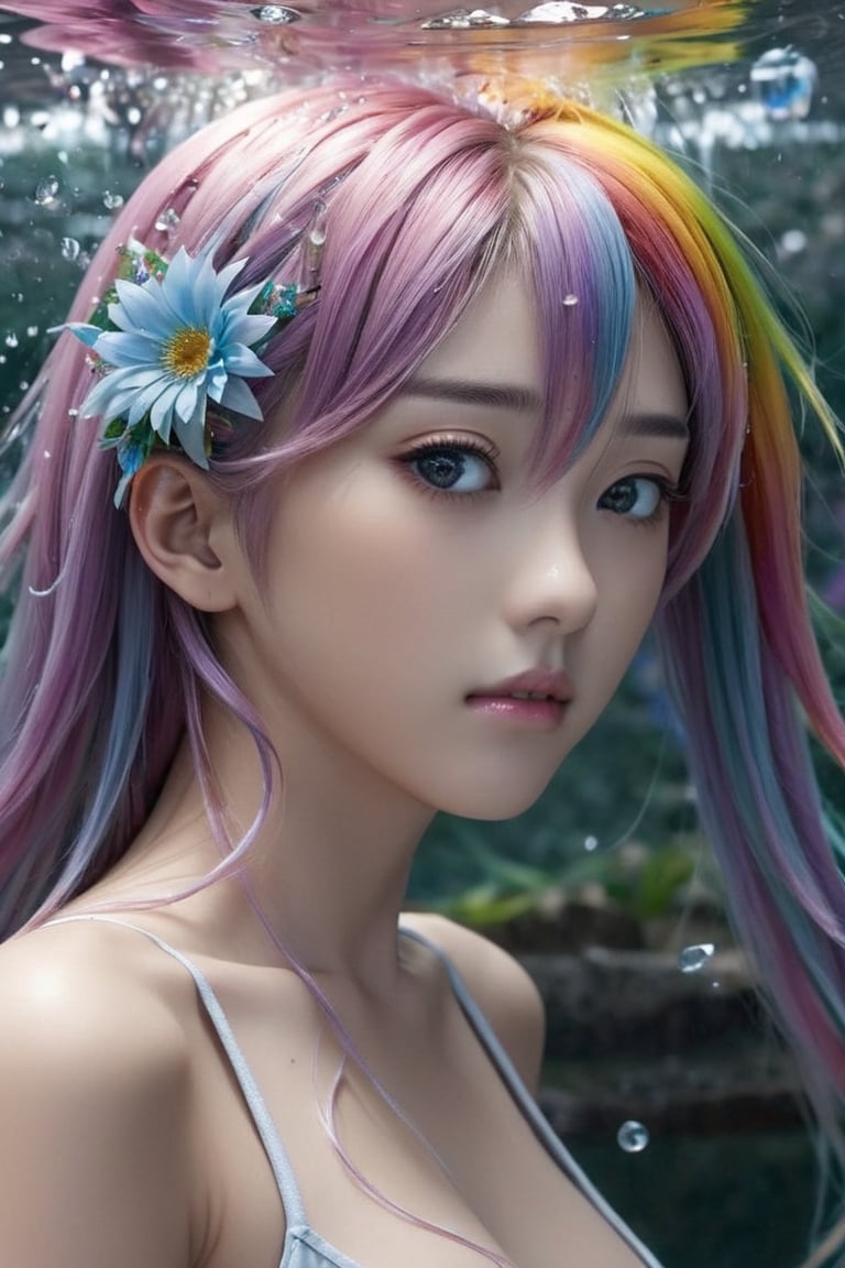 8k Wallpaper,grand,(((masterpiece))), (((best quality))), ((ultra-detailed)), (photorealistic), ((an extremely delicate and beautiful)),dynamic angle,rainbow hair,detailed cute anime face,((loli)),(((masterpiece))),an extremely delicate and beautiful girl,flower,cry,water,corrugated,flowers tire,broken glass,(broken screen),atlantis,transparent glass, mikiehara