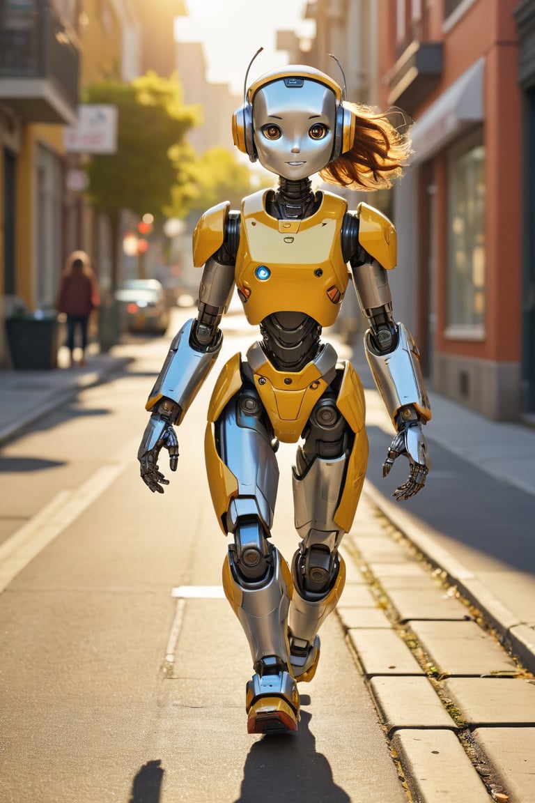 A Robocon walks down a bright and sunny street, beaming with joy and innocence. The warm yellow sunlight casts long shadows behind her, highlighting the vibrant colors of her cheerful outfit as she skips along with carefree abandon. The urban backdrop provides a striking contrast to her playful demeanor,photorealistic:1.3, best quality, masterpiece