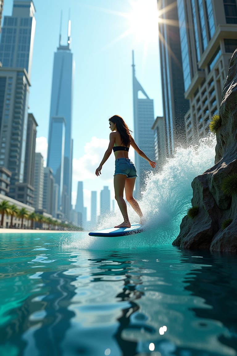 Ultra realistic illustration.a beautiful metropolitan City with water instead of roads and aqua life a beautiful sexy girl surfing from a [tall building:a water wave from high altitude:0.5].amazing details, perfect lighting and  reflections,unreal engine 5, RTX on,ultra HD, 8k, intricate, masterpiece, awards winning,photorealistic:1.3, best quality, masterpiece,