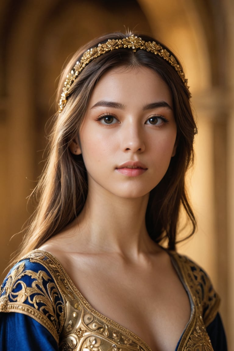 A portrait of a Byzantine style girl with golden background,front view,(masterpiece, top quality, best quality, official art, beautiful and aesthetic:1.2), (1girl:1.4), portrait, extreme detailed, highest detailed, simple background, 16k, high resolution, perfect dynamic composition, bokeh, (sharp focus:1.2), super wide angle, high angle, high color contrast, medium shot, depth of field, blurry background,,itacstl,photorealistic:1.3, best quality, masterpiece,MikieHara,