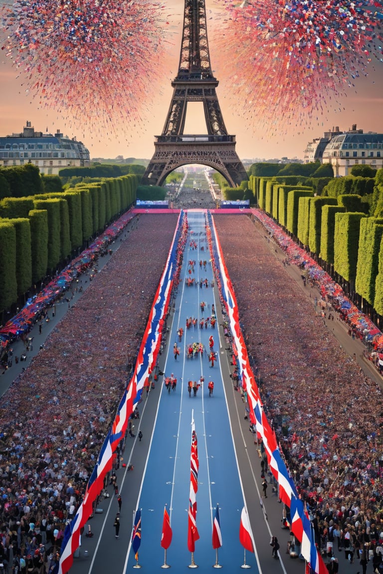 A kaleidoscope of vibrant colors and athletic elegance fills the iconic Champs-Élysées as numerous pretty sportsgirls from around the world attend the Opening Ceremony of the 2024 Paris Olympics. Amidst the Eiffel Tower's majestic backdrop, a sea of flags waves in unison, showcasing unity among nations. Multinational athletes beam with excitement and pride,photorealistic:1.3, best quality, masterpiece,MikieHara,