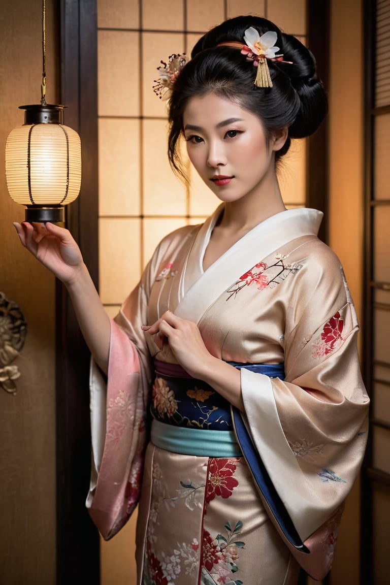 A stunning Japanese geisha posing elegantly in a traditional setting. Framed by ornate screens and subtle lantern light, her kimono's vibrant hues shine against the subdued backdrop. Her serene expression and gentle hand gesture exude an air of refinement and poise, as if frozen in time amidst the soft glow of incense smoke.