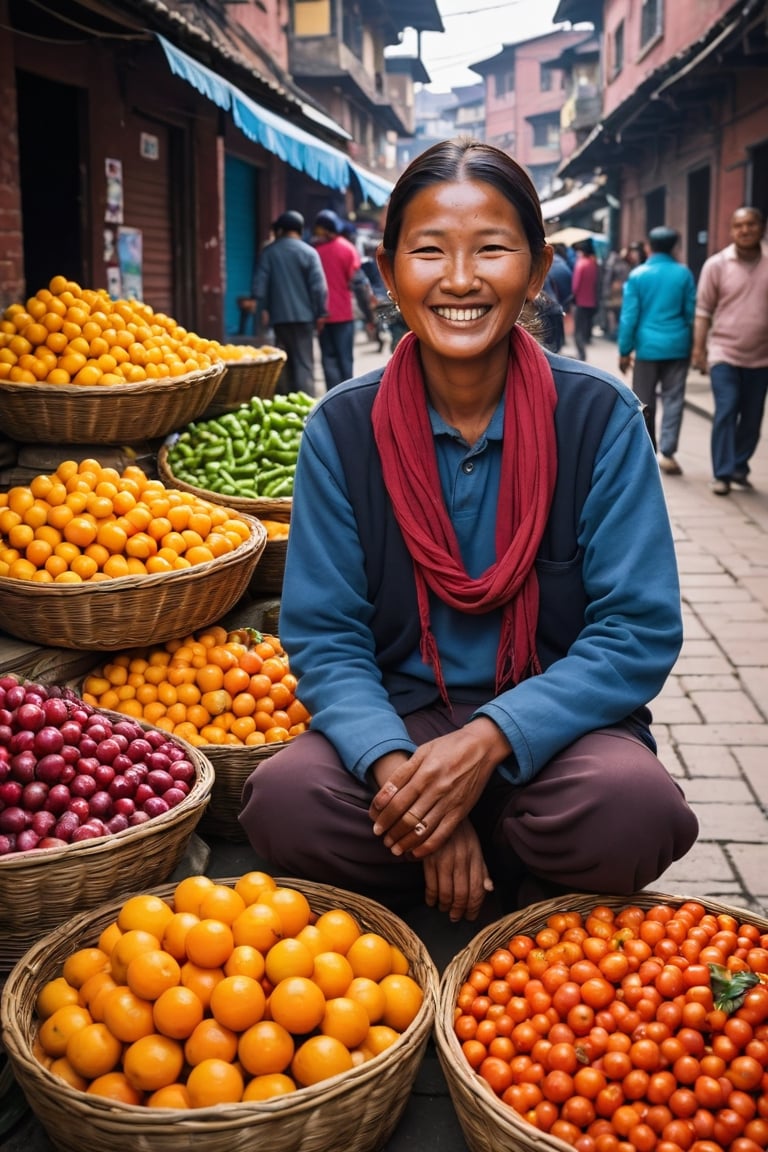 A Kathmandu street vendor with a warm, infectious smile selling vibrant produce, the scene bursting with life and saturated hues, reminiscent of the bold, immersive imagery
,photorealistic:1.3, best quality, masterpiece,MikieHara,photo_b00ster