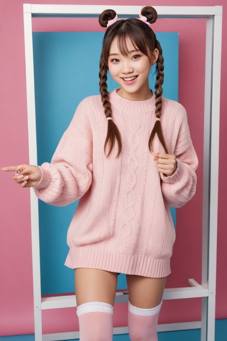 Adorable young East Asian woman in pastel pink oversized sweater and thigh-high stockings, long pigtails framing her sweet face as she bounces excitedly before a photo sticker booth. Overhead view capturing her cute K-fashion outfit and playful grin, radiant against the vibrant backdrop of the quirky machine
, photorealistic:1.3, best quality, masterpiece,MikieHara,photo_b00ster