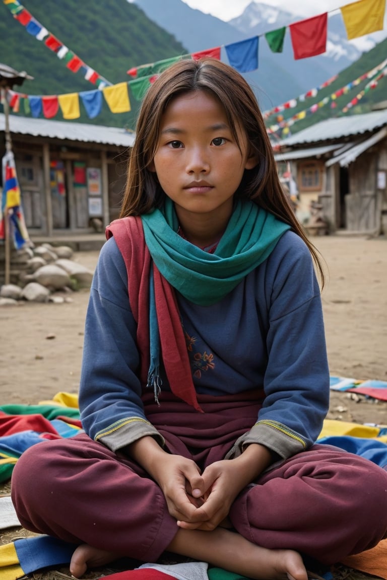 A young girl from a remote Himalayan village sitting cross-legged, her face weathered yet serene, surrounded by colorful prayer flags that fill the frame with a dreamlike, ethereal quality,
,photorealistic:1.3, best quality, masterpiece,MikieHara,photo_b00ster