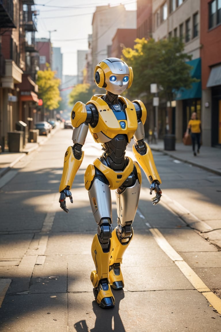 A Robocon walks down a bright and sunny street, beaming with joy and innocence. The warm yellow sunlight casts long shadows behind her, highlighting the vibrant colors of her cheerful outfit as she skips along with carefree abandon. The urban backdrop provides a striking contrast to her playful demeanor.