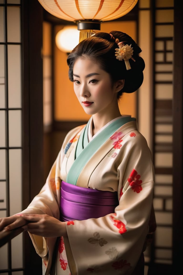 A stunning Japanese geisha posing elegantly in a traditional setting. Framed by ornate screens and subtle lantern light, her kimono's vibrant hues shine against the subdued backdrop. Her serene expression and gentle hand gesture exude an air of refinement and poise, as if frozen in time amidst the soft glow of incense smoke.