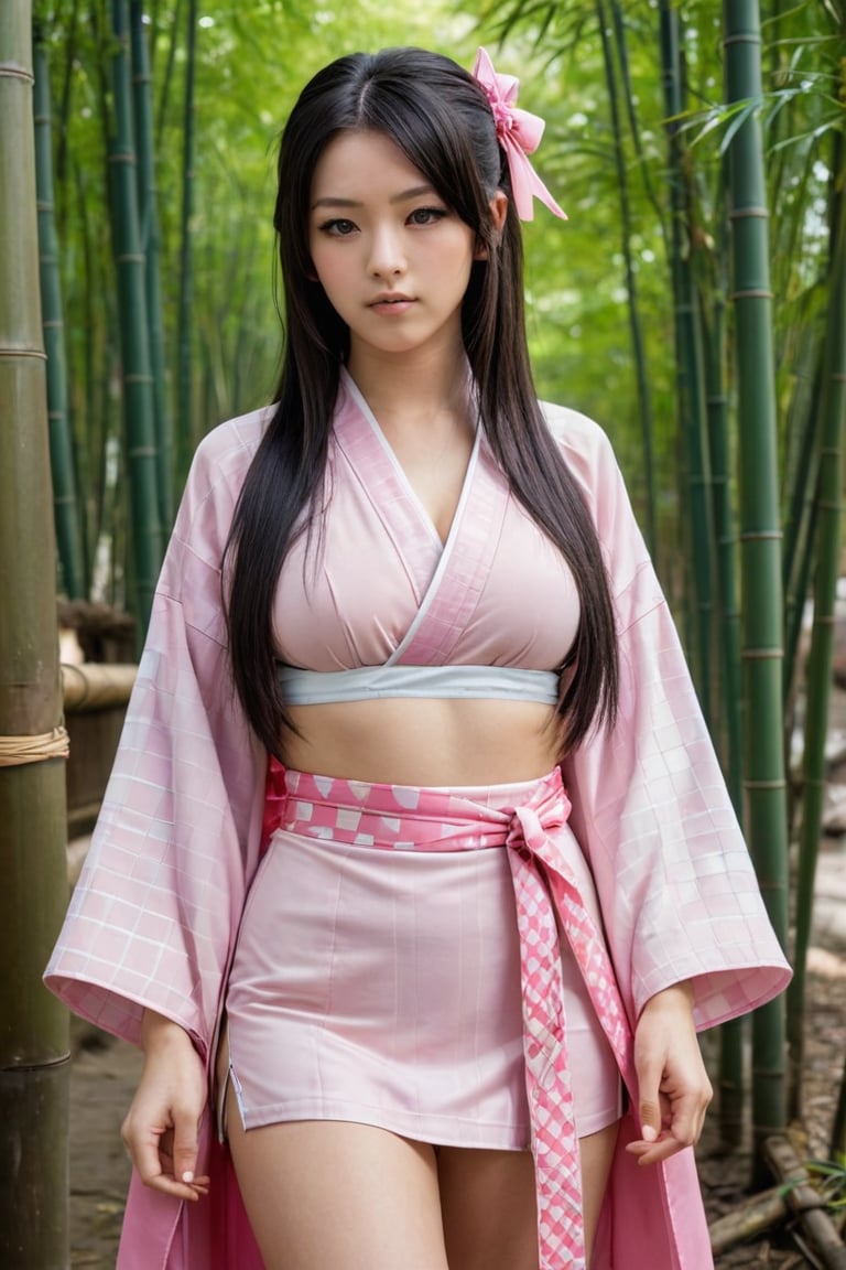 1girl, solo, long hair, looking at viewer, black hair, long sleeves, ribbon, very long hair, standing, full body, hair ribbon, multicolored hair, japanese clothes, pink eyes, kimono, two-tone hair, sash, mouth hold, obi, pink ribbon, sharp fingernails, gag, gagged, haori, pink kimono, bamboo, bit gag, checkered sash, kamado nezuko, beautiful face, cleavage cutout, bbig boobs ,photorealistic:1.3, best quality, masterpiece,MikieHara,