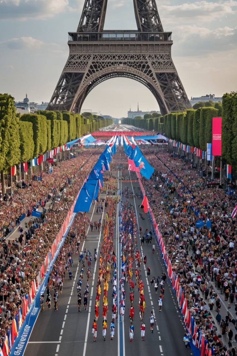 A kaleidoscope of vibrant colors and athletic elegance fills the iconic Champs-Élysées as numerous pretty sportsgirls from around the world attend the Opening Ceremony of the 2024 Paris Olympics. Amidst the Eiffel Tower's majestic backdrop, a sea of flags waves in unison, showcasing unity among nations. Multinational athletes beam with excitement and pride,photorealistic:1.3, best quality, masterpiece,MikieHara,