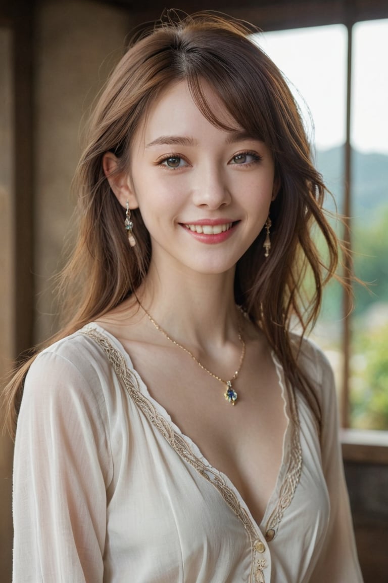 Beautiful, soft light, (beautiful and delicate eyes), very detailed, pale skin, big smile, (long hair), dreamy, medium chest, female 1, ((front shot)), bangs, soft expression, height 170, elegant , Bright smile, person, small necklace, small earrings, fantasy, jewelry, shyness, dreamy soft image, masterpiece, ultra high resolution, skirt, shirt, jacket, color , (both eyes (He gently closes his eyes, raises his head slightly, and appears absorbed in pleasant thoughts),dragon,photorealistic:1.3, best quality, masterpiece,MikieHara,