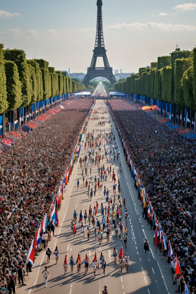 A kaleidoscope of vibrant colors and athletic elegance fills the iconic Champs-Élysées as numerous pretty sportsgirls from around the world attend the Opening Ceremony of the 2024 Paris Olympics. Amidst the Eiffel Tower's majestic backdrop, a sea of flags waves in unison, showcasing unity among nations. Multinational athletes beam with excitement and pride,photorealistic:1.3, best quality, masterpiece,MikieHara,