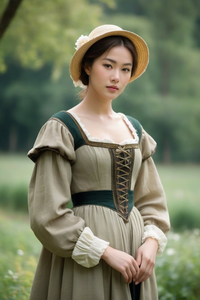 A shepherdess, in the style of the Renaissance, exuding elegance amidst pastoral beauty. (masterpiece, top quality, best quality, official art, beautiful and aesthetic:1.2), (1girl:1.4), portrait, extreme detailed, highest detailed, simple background, 16k, high resolution, perfect dynamic composition, bokeh, (sharp focus:1.2), super wide angle, high angle, high color contrast, medium shot, depth of field, blurry background,impressionist painting,photorealistic:1.3, best quality, masterpiece,MikieHara,