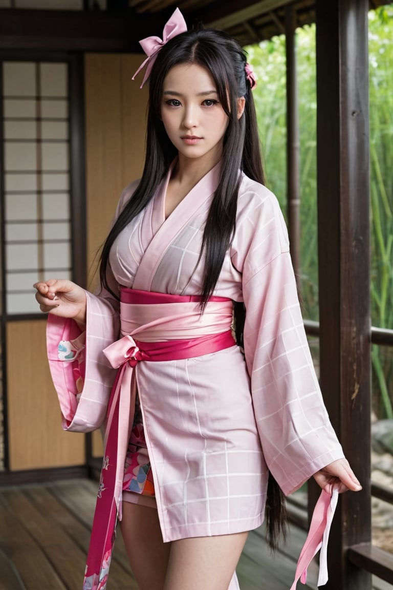 1girl, solo, long hair, looking at viewer, black hair, long sleeves, ribbon, very long hair, standing, full body, hair ribbon, multicolored hair, japanese clothes, pink eyes, kimono, two-tone hair, sash, mouth hold, obi, pink ribbon, sharp fingernails, gag, gagged, haori, pink kimono, bamboo, bit gag, checkered sash, kamado nezuko, beautiful face and sexy, ,photorealistic:1.3, best quality, masterpiece,MikieHara,