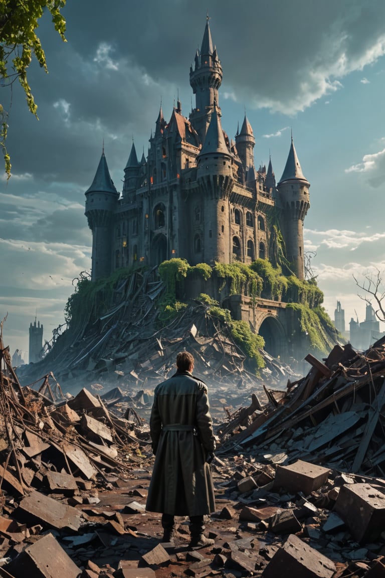 A futuristic castle rises from the ruins of a long-forgotten metropolis, its metallic spires piercing the darkened sky. The once-majestic walls now crumble amidst a tapestry of vines and debris. Neon-lit windows glimmer like scattered gemstones within the structure's rusted framework. In the foreground, a lone figure in a leather trench coat stands atop a pile of rubble, gazing out upon the desolate landscape with a mixture of longing and defiance,photorealistic:1.3, best quality, masterpiece