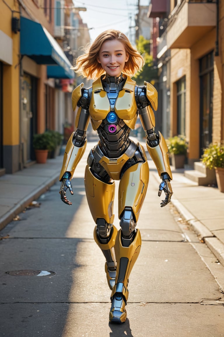 A Robocon walks down a bright and sunny street, beaming with joy and innocence. The warm yellow sunlight casts long shadows behind her, highlighting the vibrant colors of her cheerful outfit as she skips along with carefree abandon. The urban backdrop provides a striking contrast to her playful demeanor,photorealistic:1.3, best quality, masterpiece