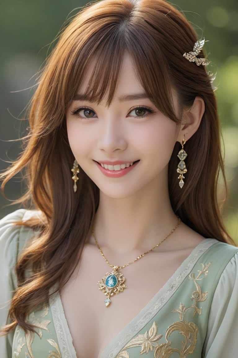 Beautiful, soft light, (beautiful and delicate eyes), very detailed, pale skin, big smile, (long hair), dreamy, medium chest, female 1, ((front shot)), bangs, soft expression, height 170, elegant , Bright smile, person, small necklace, small earrings, fantasy, jewelry, shyness, dreamy soft image, masterpiece, ultra high resolution, skirt, shirt, jacket, color , (both eyes (He gently closes his eyes, raises his head slightly, and appears absorbed in pleasant thoughts),dragon,photorealistic:1.3, best quality, masterpiece,MikieHara,