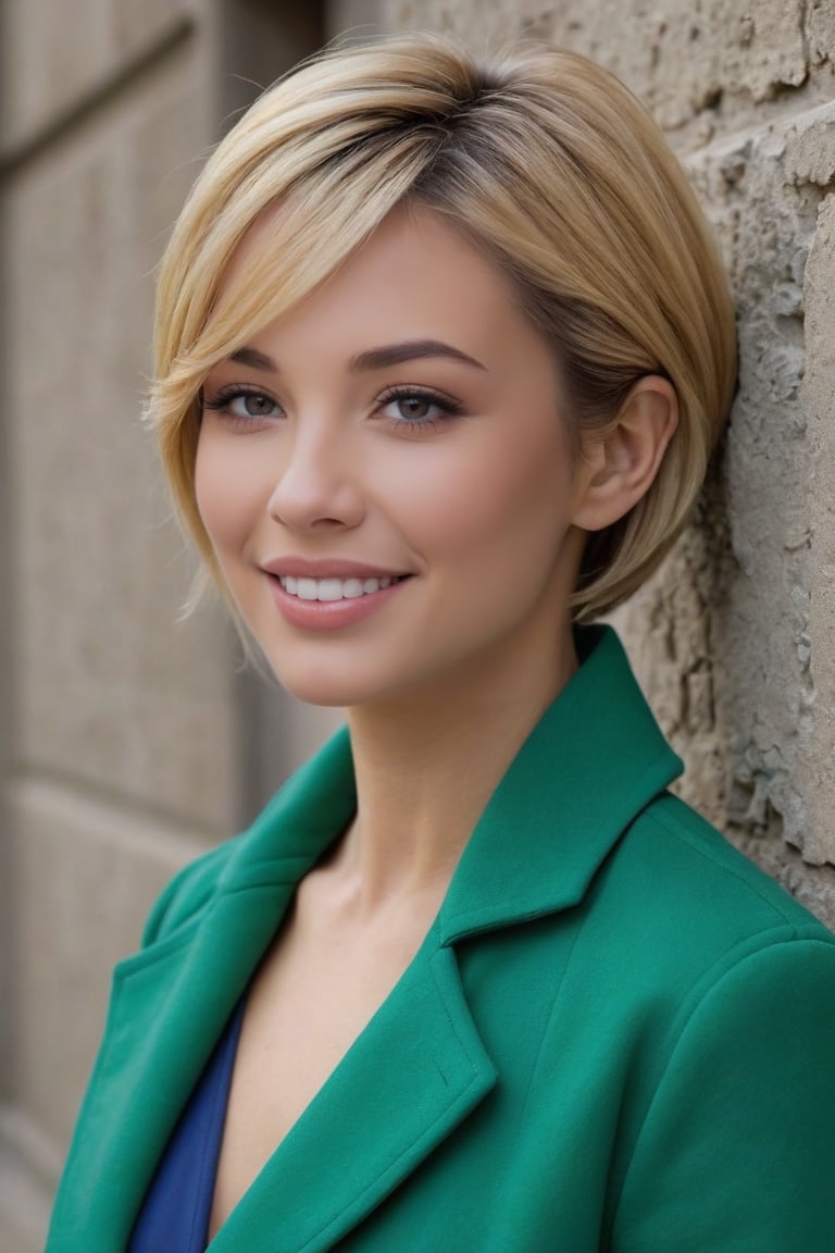 a portrait of a beautiful middle-aged woman with short blond hair, wearing a green coat and blue accessories, leaning against a wall, smiling confidently and looking away from the camera
, photorealistic:1.3, best quality, masterpiece, MikieHara