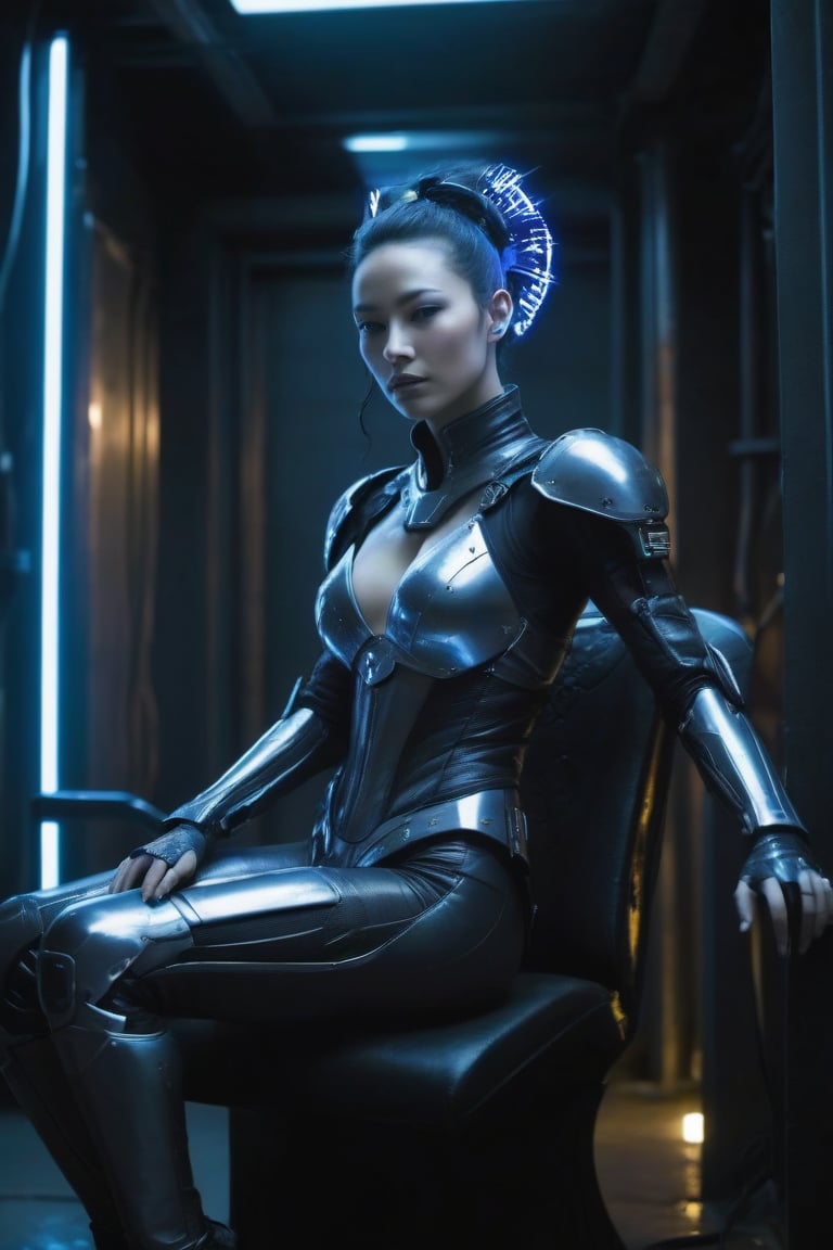 Queen of Synthetic Nanotechnology: A cyberpunk queen sits regally on a bionic throne, surrounded by dark, damp walls of an underground garage. Her synthetic nanotecnological warrior suit glows with soft blue lights amidst wires and sparking components. In her hand, she holds a gleaming nanotech sword, its metallic surface reflecting the faint luminescence. The air is thick with moody atmosphere, punctuated by sparks from machinery hums in the shadows,photorealistic:1.3, best quality, masterpiece,MikieHara,