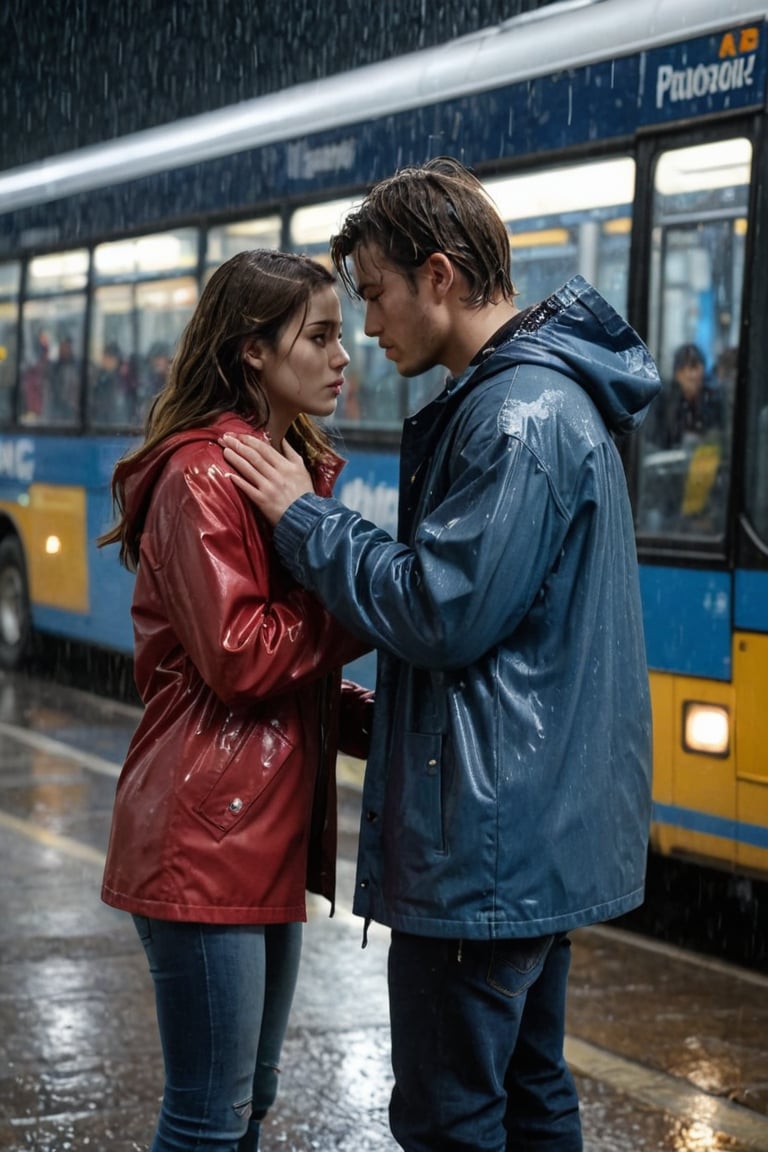 European, two young people, masterpiece, top quality, young man and girl are very in love with each other, both 28 years old. Under the rain, the girl is wearing a raincoat and jeans underneath, the man is wearing a blue jacket and jeans, an extremely sad and emotional scene in the night intercity ((at the bus terminal)). girl is about to break up with her boyfriend, their hands are about to be separated from each other, shot from outside, woman about to be left alone, rain, ((terminal)) man waves to the girl from inside the bus and the girl cries very emotionally, drenched, professional professionalism, crooked, both, facing viewer, seen to viewer, live 8k, ultra realistic, night, upper body, photo r3al, shooting star, photo r3al,photorealistic:1.3, best quality, masterpiece,MikieHara,