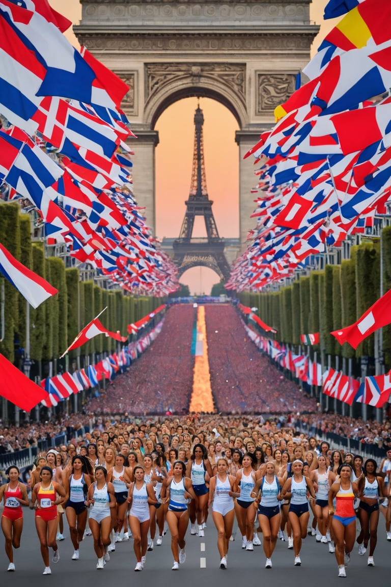 A kaleidoscope of vibrant colors and athletic elegance fills the iconic Champs-Élysées as numerous pretty sportsgirls from around the world attend the Opening Ceremony of the 2024 Paris Olympics. Amidst the Eiffel Tower's majestic backdrop, a sea of flags waves in unison, showcasing unity among nations. Multinational athletes beam with excitement and pride,photorealistic:1.3, best quality, masterpiece,MikieHara,