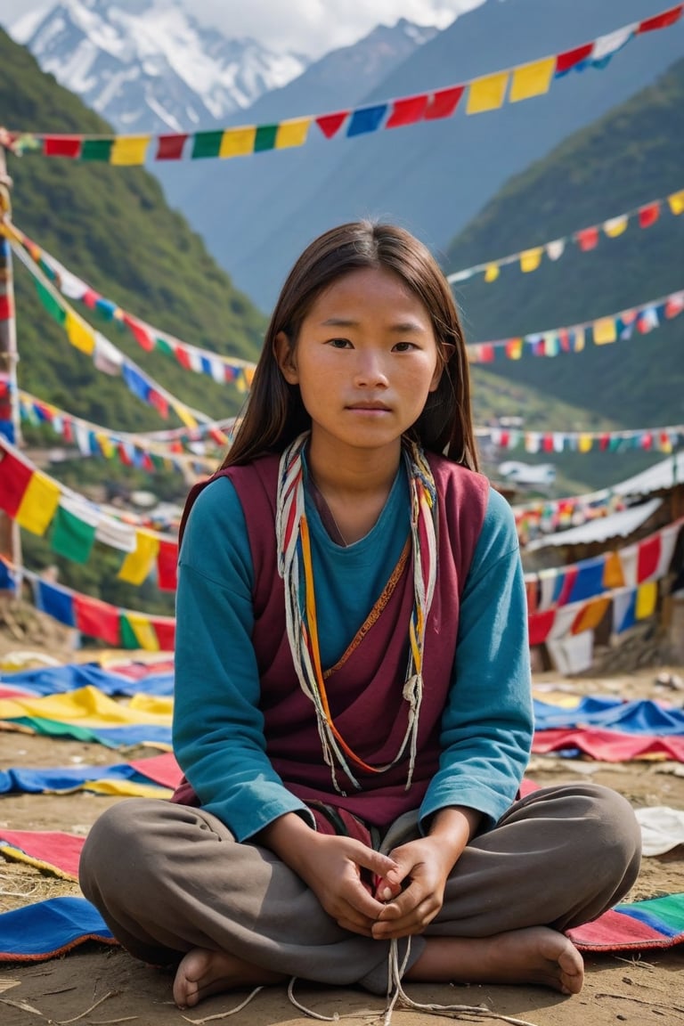 A young girl from a remote Himalayan village sitting cross-legged, her face weathered yet serene, surrounded by colorful prayer flags that fill the frame with a dreamlike, ethereal quality,
,photorealistic:1.3, best quality, masterpiece,MikieHara,photo_b00ster