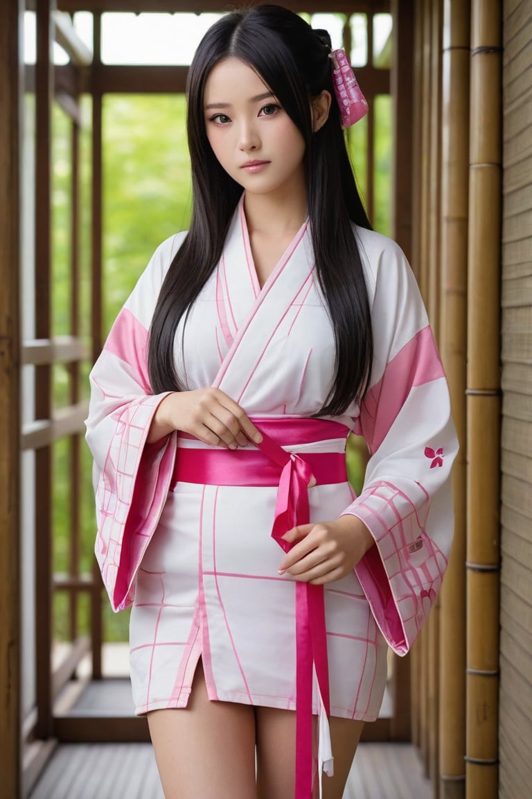 1girl, solo, long hair, looking at viewer, black hair, long sleeves, ribbon, very long hair, standing, full body, hair ribbon, multicolored hair, japanese clothes, pink eyes, kimono, two-tone hair, sash, mouth hold, obi, pink ribbon, sharp fingernails, gag, gagged, haori, pink kimono, bamboo, bit gag, checkered sash, kamado nezuko, beautiful face and sexy, ,photorealistic:1.3, best quality, masterpiece,MikieHara,