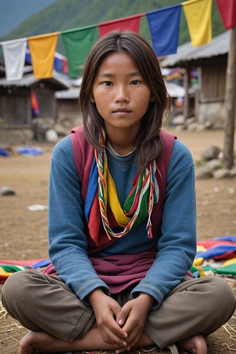 A young girl from a remote Himalayan village sitting cross-legged, her face weathered yet serene, surrounded by colorful prayer flags that fill the frame with a dreamlike, ethereal quality,
,photorealistic:1.3, best quality, masterpiece,MikieHara,photo_b00ster