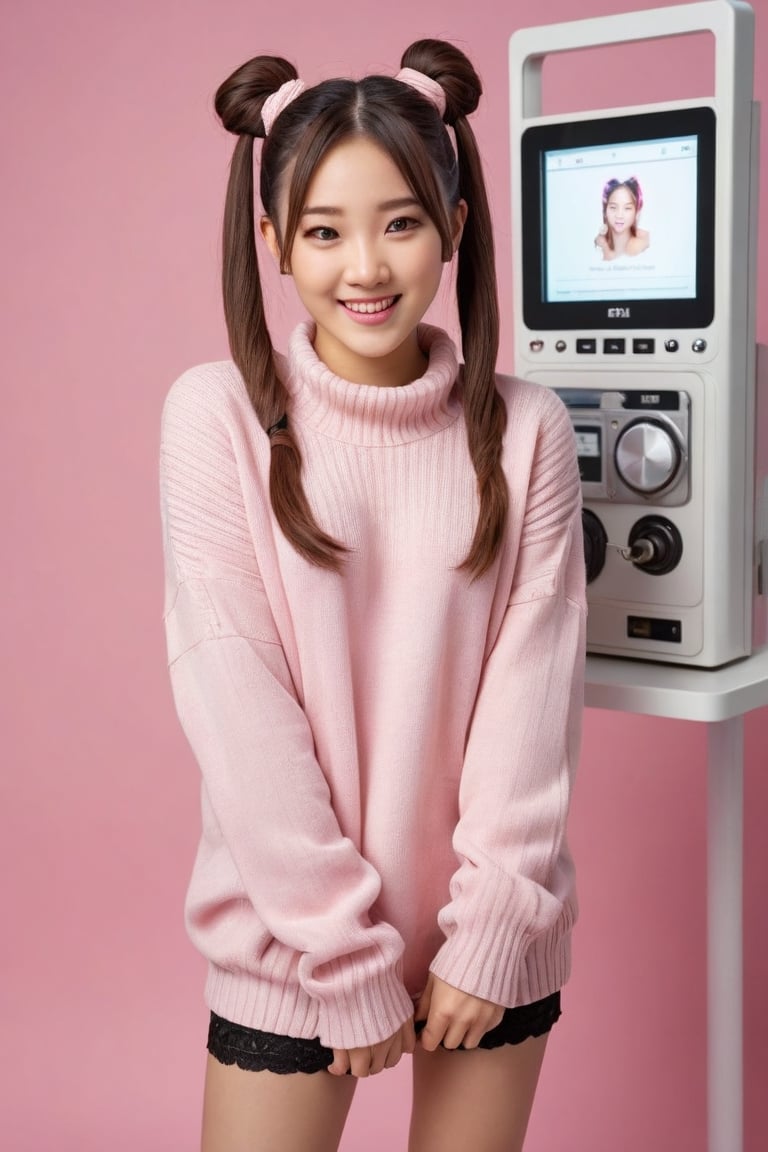 Adorable young East Asian woman in pastel pink oversized sweater and thigh-high stockings, long pigtails framing her sweet face as she bounces excitedly before a photo sticker booth. Overhead view capturing her cute K-fashion outfit and playful grin, radiant against the vibrant backdrop of the quirky machine
, photorealistic:1.3, best quality, masterpiece,MikieHara,photo_b00ster