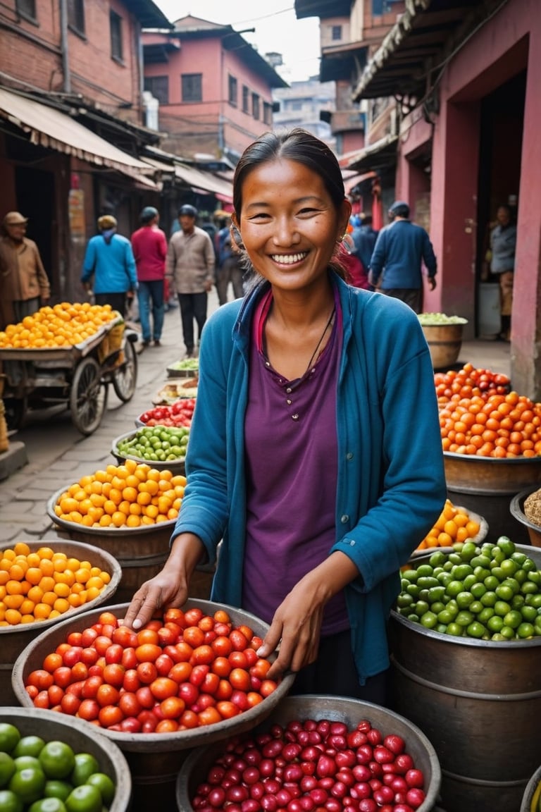 A Kathmandu street vendor with a warm, infectious smile selling vibrant produce, the scene bursting with life and saturated hues, reminiscent of the bold, immersive imagery
,photorealistic:1.3, best quality, masterpiece,MikieHara,photo_b00ster