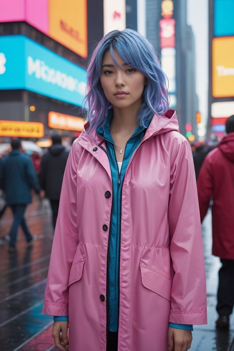 Ultra-high resolution, cinematic lighting,Woman wearing pink raincoat in Times Square,xxmix_girl,more detail XL, blue medium hair, mexican
,photorealistic:1.3, best quality, masterpiece,MikieHara,